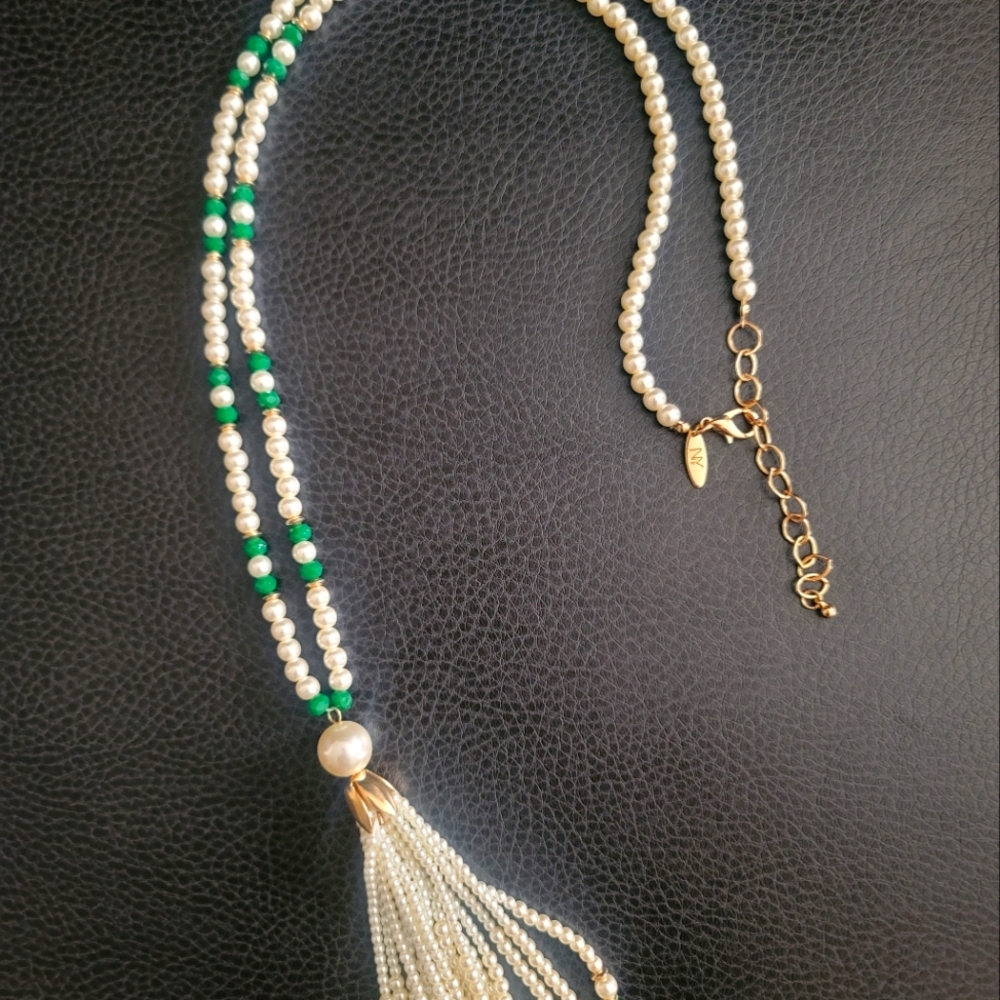 Long Pearl + Green Jewel Necklace